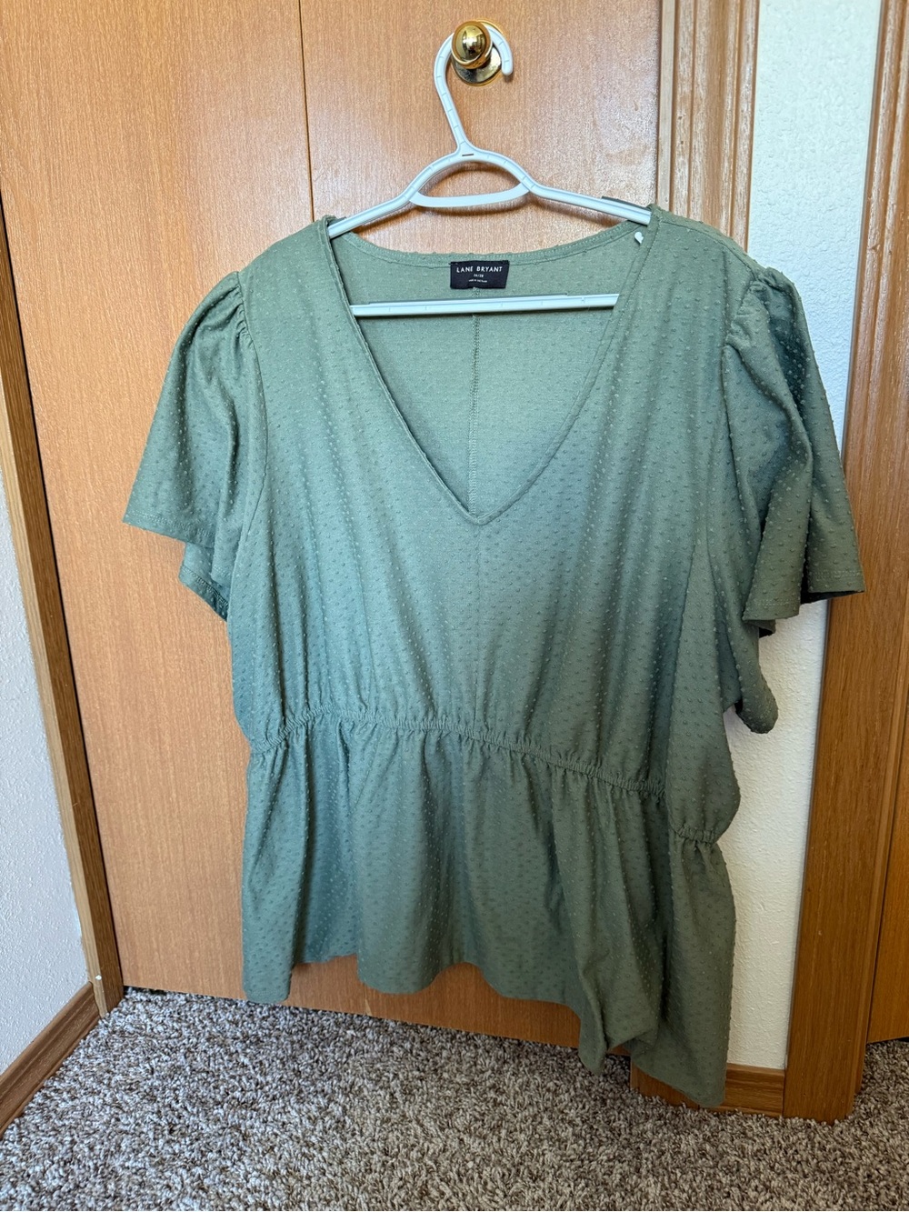 Lane Bryant Olive Green V-Neck Peplum Blouse with Flutter Sleeves - Picture 1 of 5